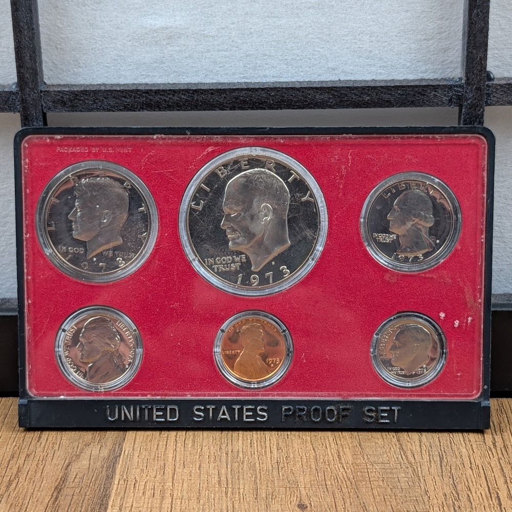 1973 US Mint Proof Set 6 Coins Eisenhower Dollar‎ Kennedy Half Original Red Case
